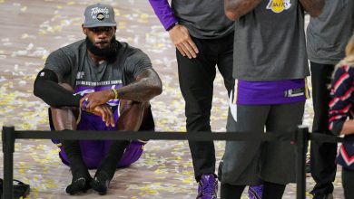 Photo of Los Angeles Lakers player LeBron James shrugs as they qualify for the 10th NBA Finals