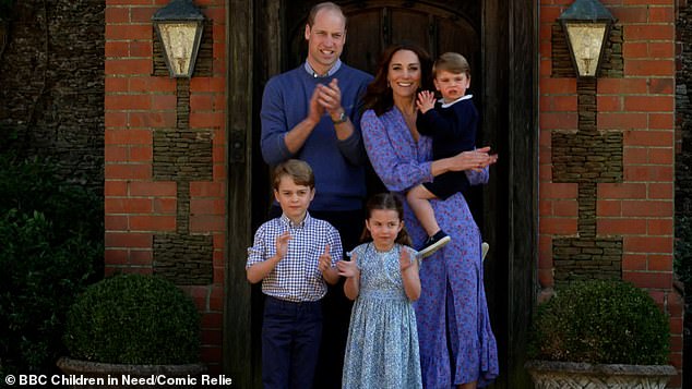 The biographer compared the Duke's actions to those of Prince William, 38, and Kate Middleton, 38, and said it was `` great to hear '' from him at the height of the Covid-19 crisis (pictured, the Duke and Duchess of Cambridge with their children applaud for the NHS )