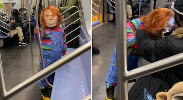 Chucky, the killer doll attacks passengers without a mask on the subway