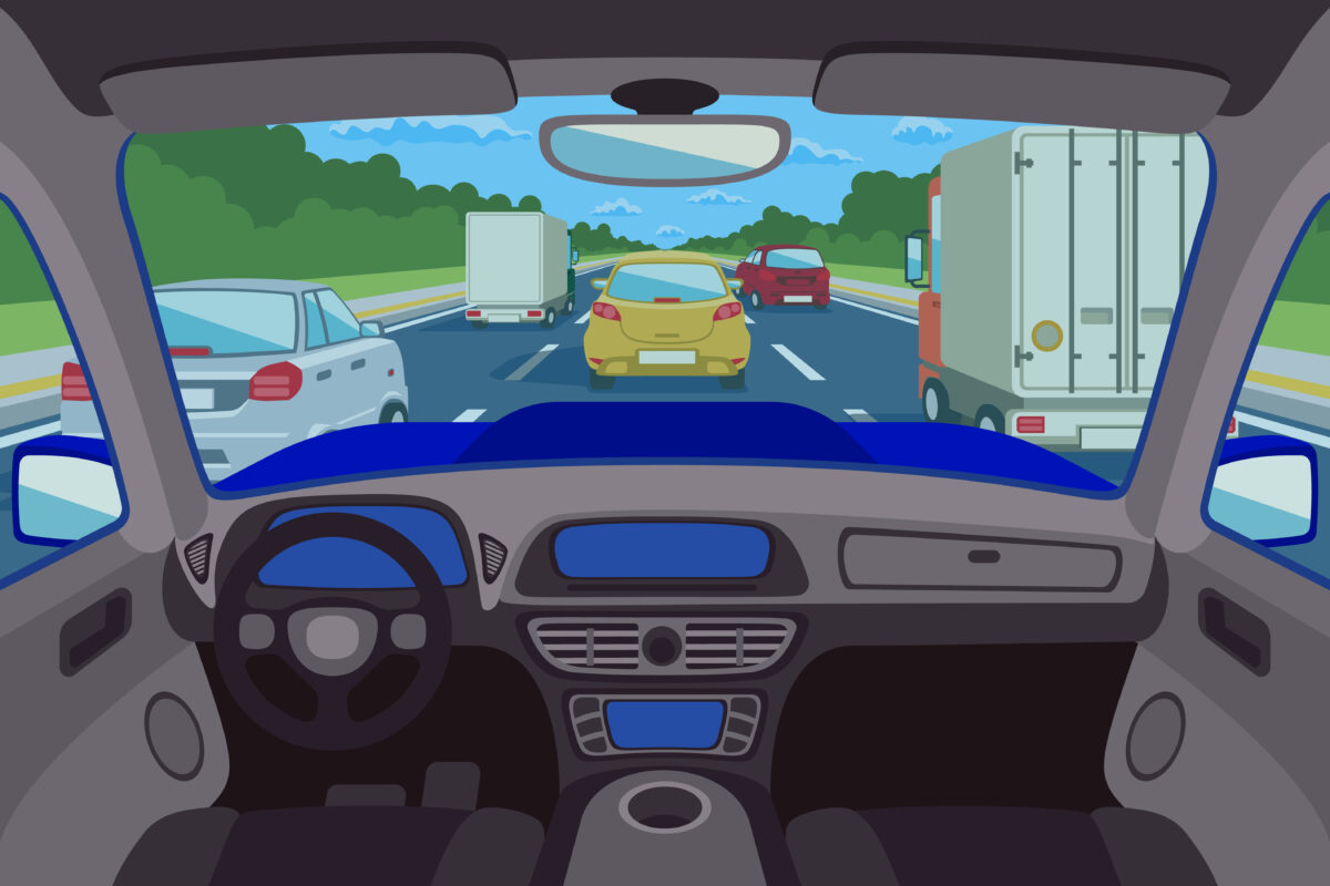 A highway, a road seen inside the car.  vector illustration