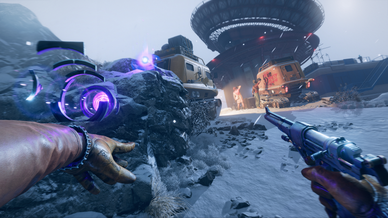Deathloop: A first-person combat scene in a snowy environment