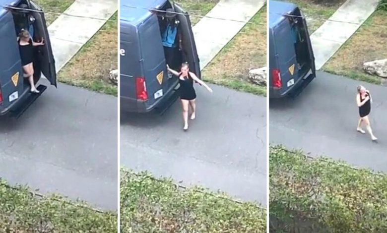 Amazon, courier delivery at red light: Woman getting out of her truck, chasing - VIDEO