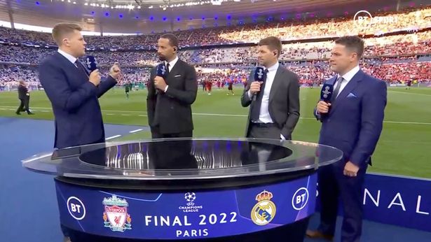 Jake Humphrey, Rio Ferdinand, Steven Gerrard and Michael Owen work for BT Sport while covering the 2022 Champions League Final