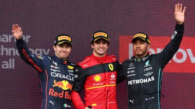 F1 British GP 2022, Silverstone: The podium with Sainz (Ferrari) Perez (Red Bull) and Hamilton (Mercedes)