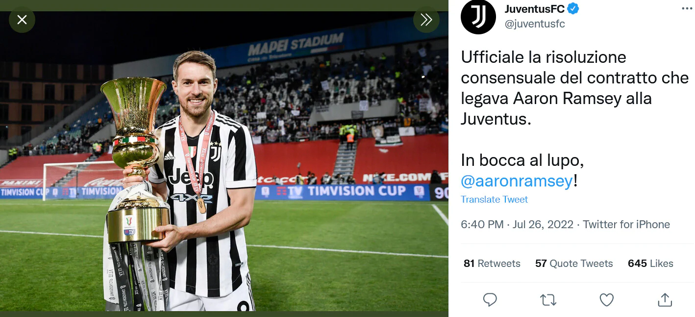 Official: Juventus terminated his contract with Ramsey