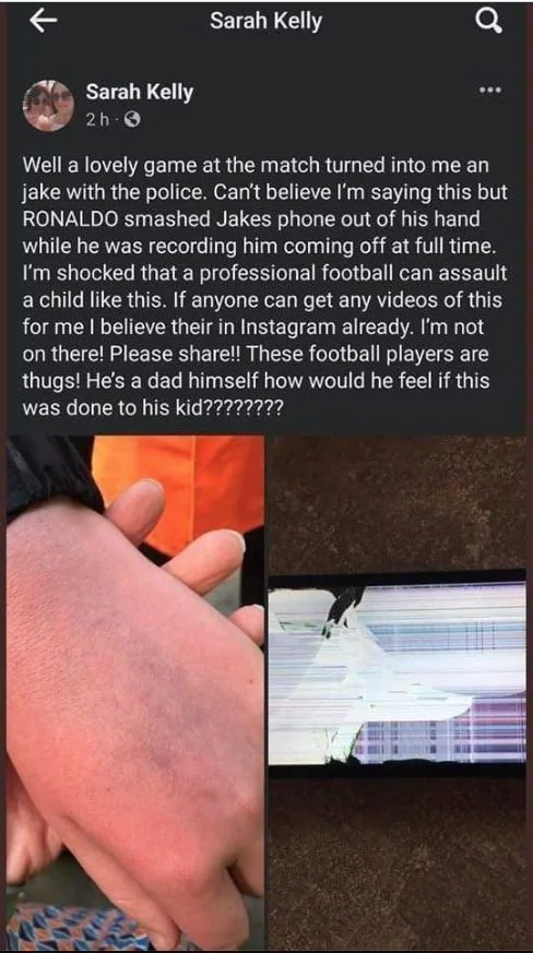 The post that the boy's mother posted on social media and hit him on the hand CR7. The gesture also caused the cell phone of young Toffees fans to break.