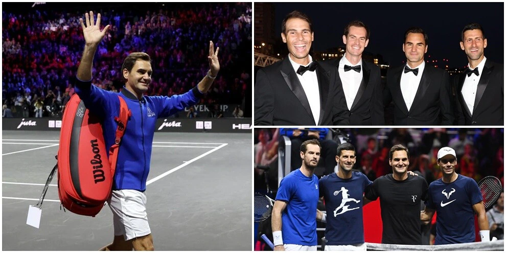 London Mad for Federer: Racket and Tuxedo with 'Fab 4'