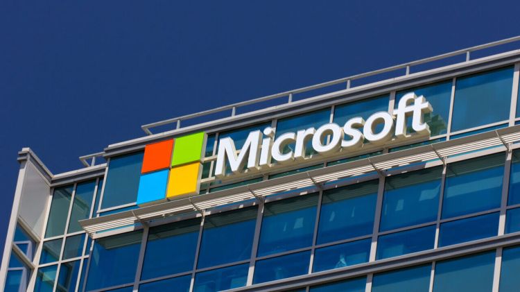 Microsoft logo above the headquarters building