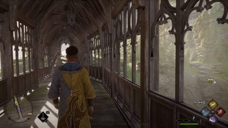 Hogwarts Legacy, our character walks on the covered bridge