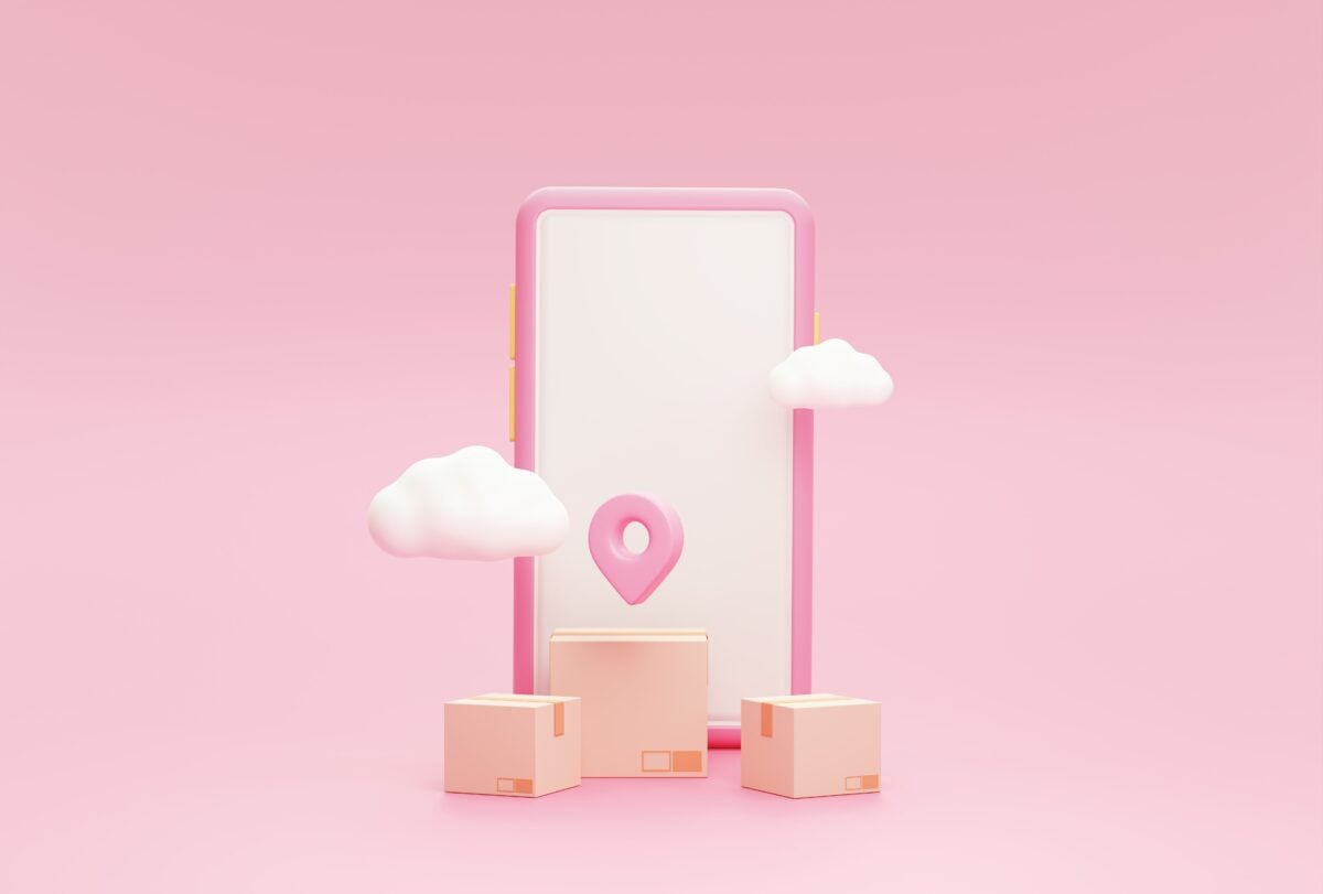 smartphone and pin pointer mark location and parcel box online delivery transport logistics concept on pink background 3d render illustration min