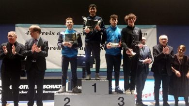 Photo of Nardella and Mastrolo on the podium in Saber